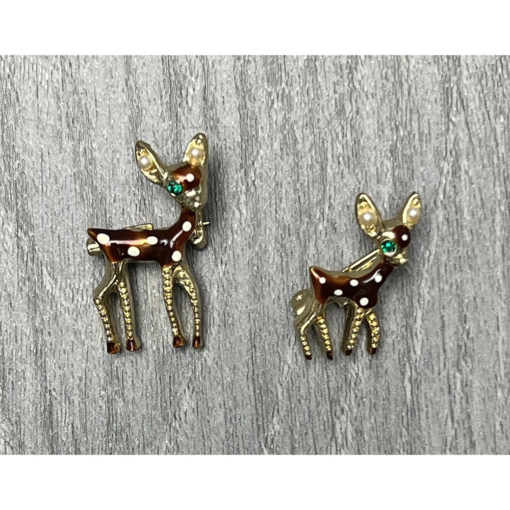 Vintage Style Enamel Deer Fawn Brooch Pin Set 1.75" & 1.25" Gold Tone Faux Pearl